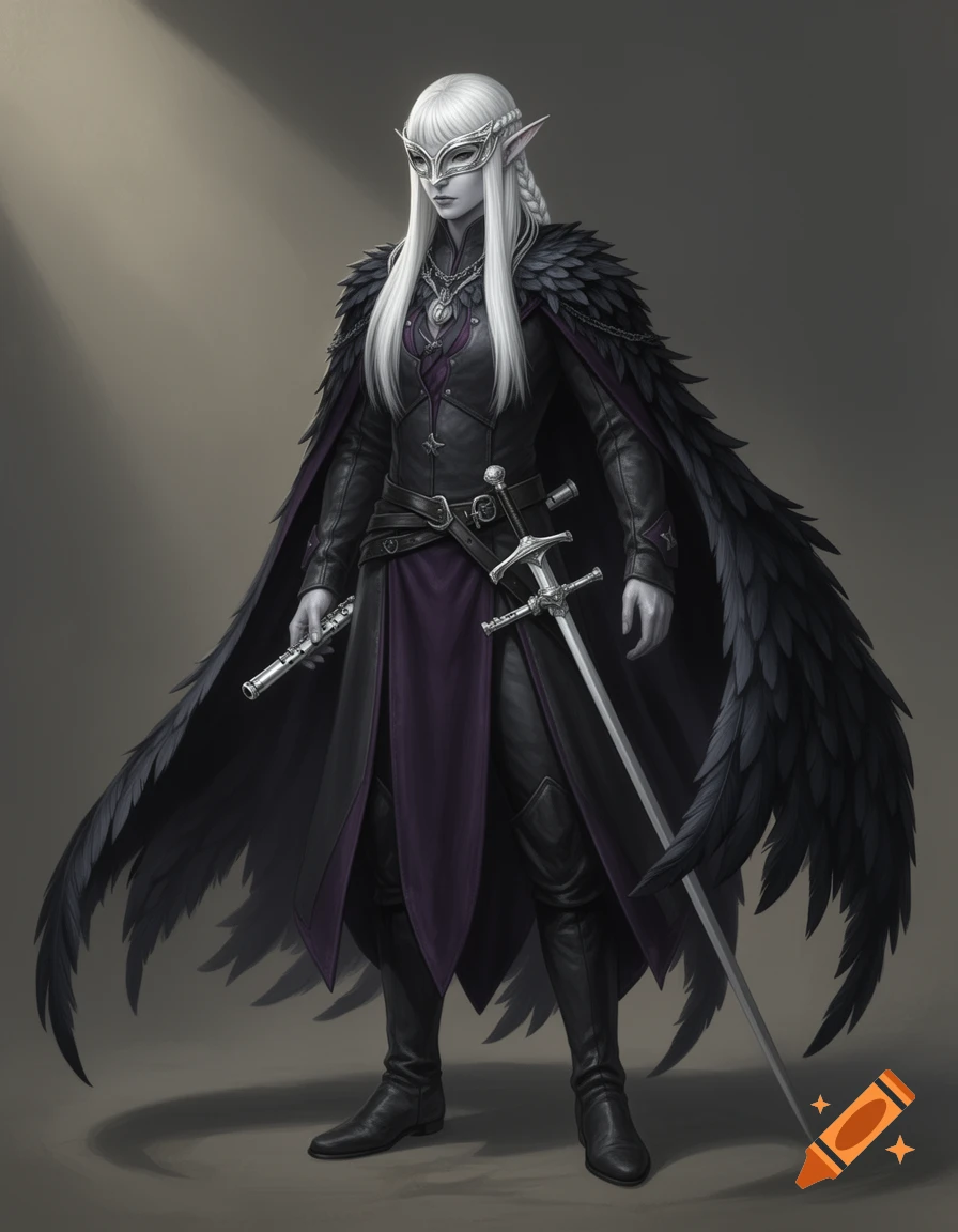 Masked, pale-skinned elf with white hair in a dark bardic outfit with a raven-feathered cape, holding a flute and rapier in a detailed fantasy illustration.
