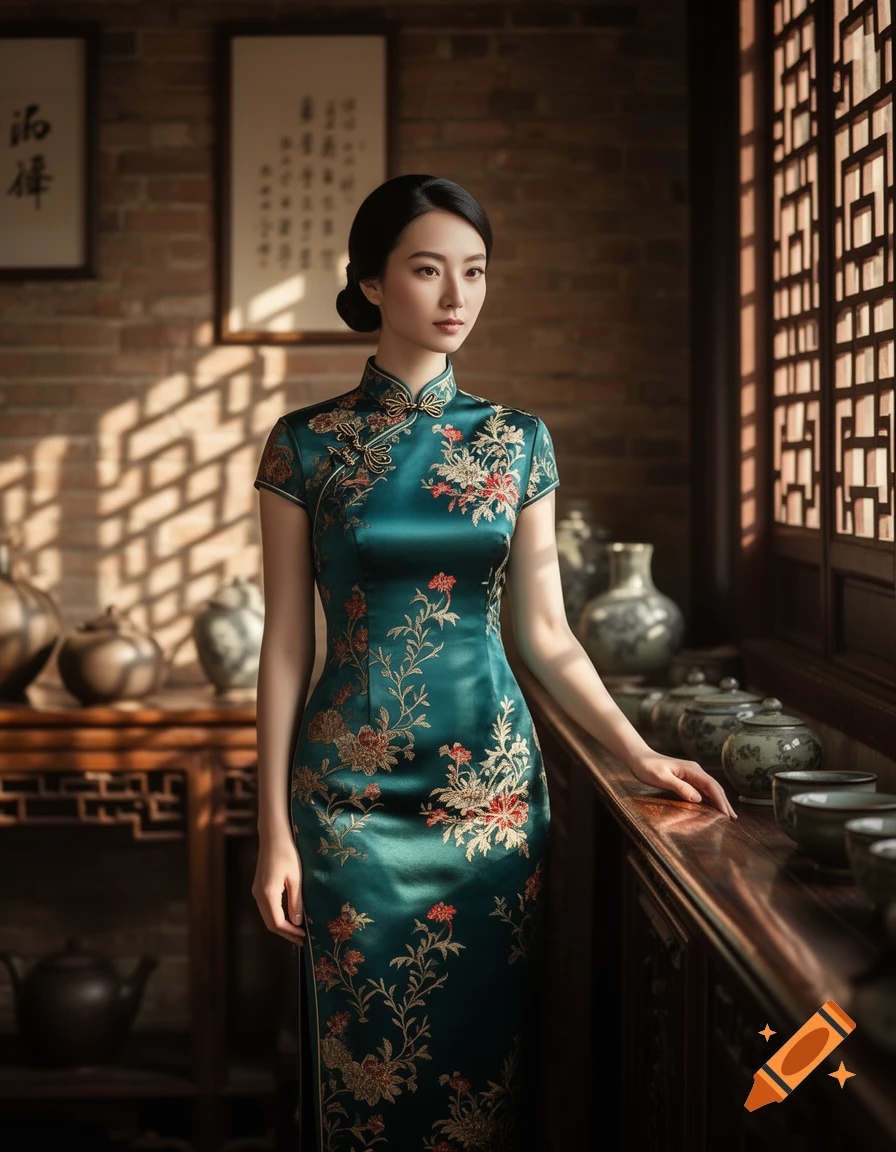 Elegant woman in a teal floral qipao stands in a traditional room with wooden lattice windows and pottery, soft light.