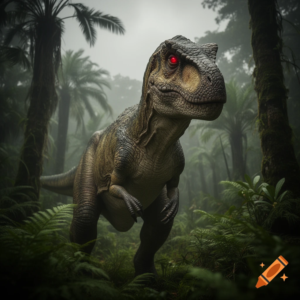 A realistic dinosaur with glowing red eyes stands in a misty, dense jungle.
