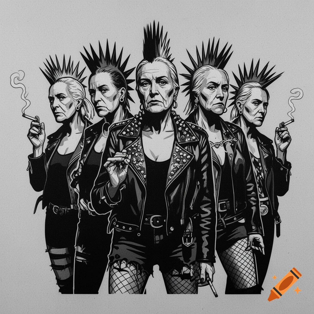 Black and white stencil illustration of five punk women with mohawks, wearing studded jackets, smoking cigarettes.