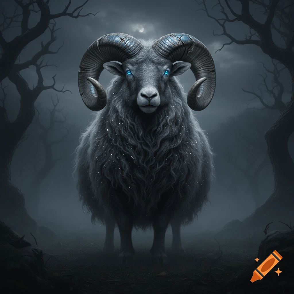 A mystical dark ram with glowing blue eyes and ornate horns stands in a misty, eerie forest under a faint moon.