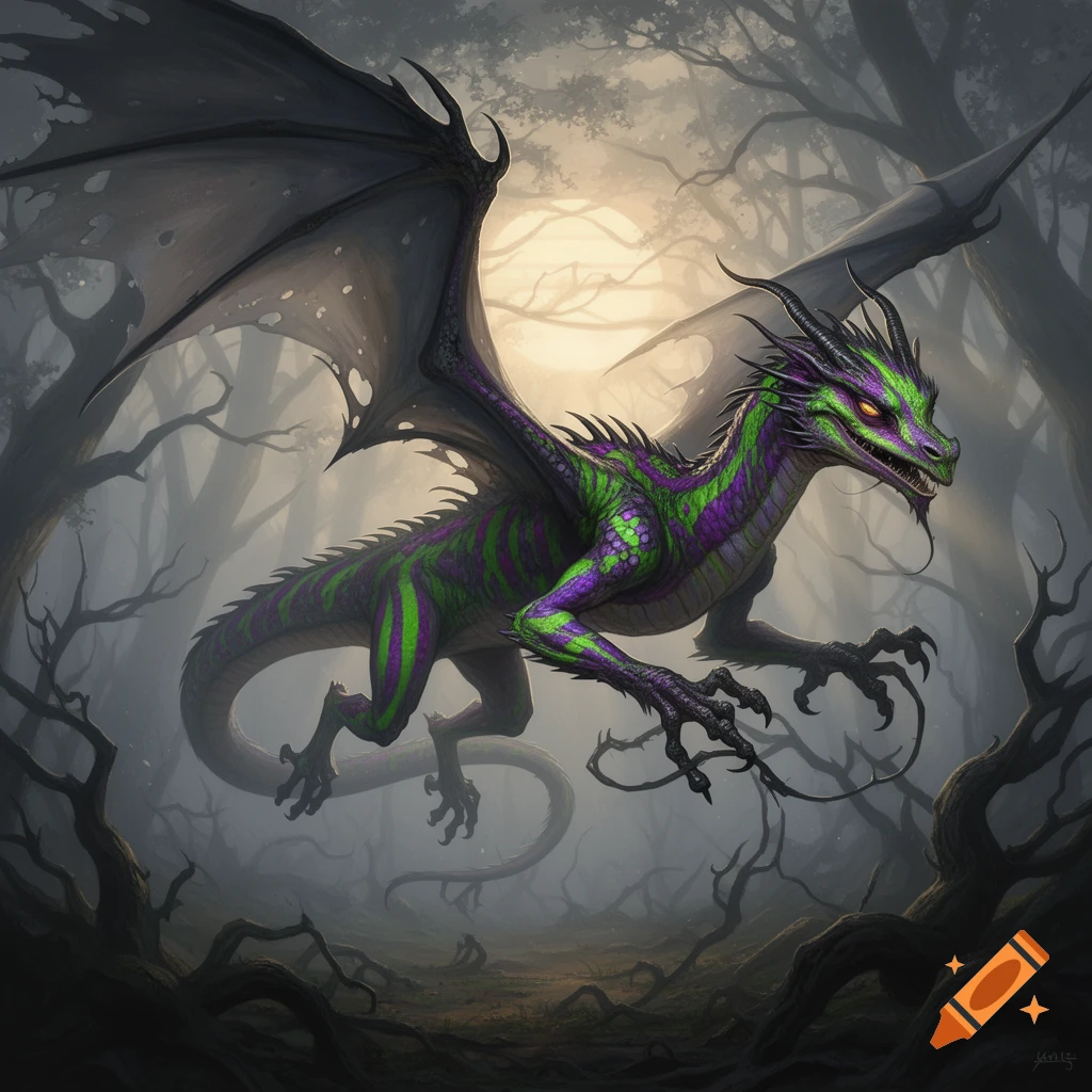 A green and purple striped dragon with black wings and horns hovers in a dark, misty forest under a pale sky.