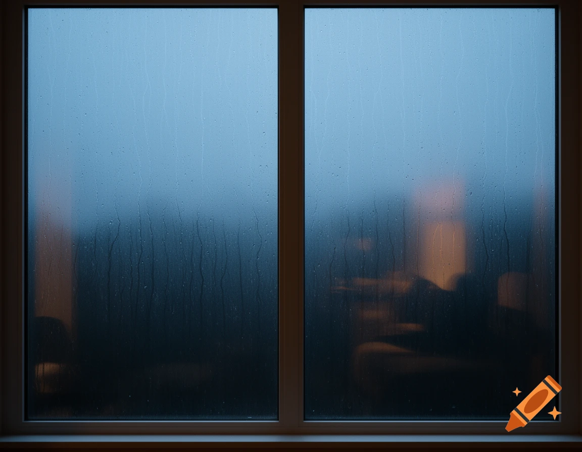 Rain streaking down two windowpanes, blurring the view of a dark interior against a soft blue sky.