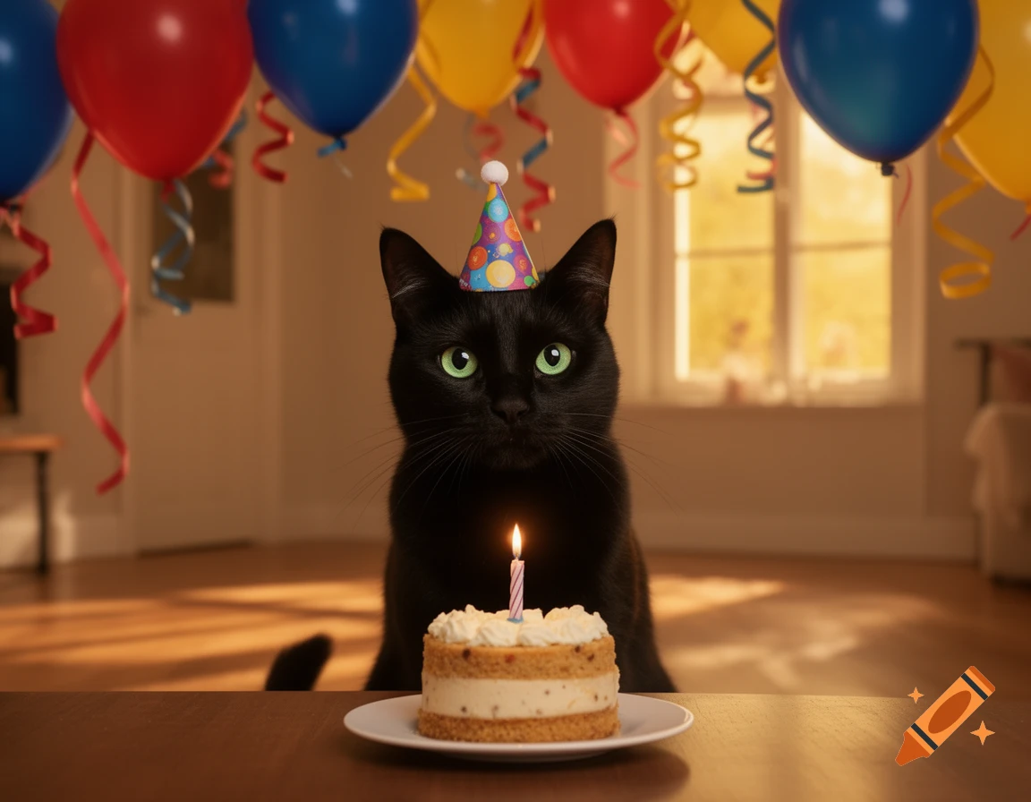 A black cat with bright green eyes wears a small party hat, sitting at a table behind a birthday cake with a lit candle, surrounded by balloons and streamers.