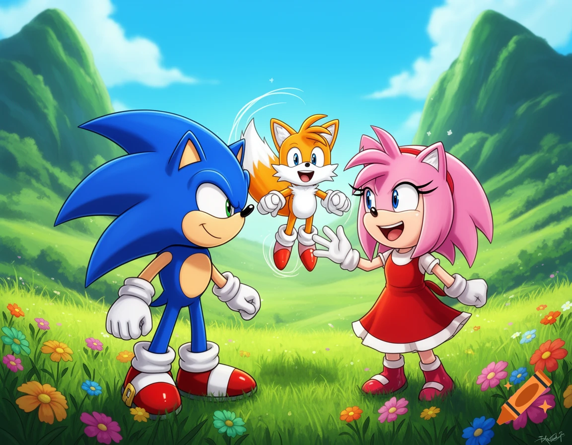 Sonic, Tails, and Amy Rose cheerfully meet in a vibrant green field with colorful flowers and mountains under a blue sky, in a cartoon style.