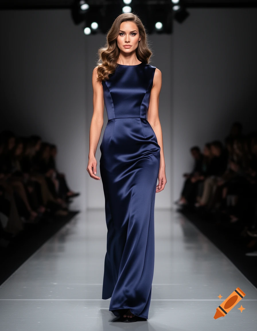 Female model in a navy blue satin gown walks a runway under bright spotlights.