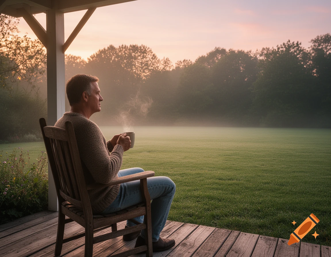 A man on a porch sips coffee at dawn, looking over a misty field with trees, photorealistic.