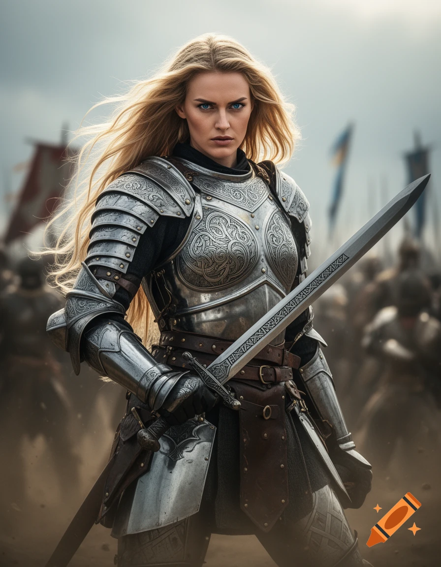 A photorealistic depiction of a blonde female warrior in intricate silver armor, holding a sword on a battlefield.