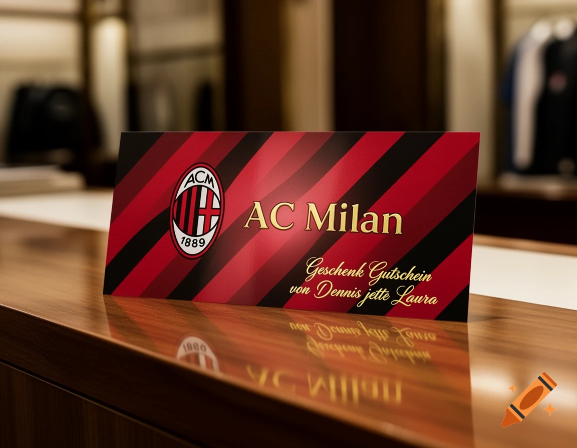 A red and black striped AC Milan gift card with gold text, including 'Geschenk Gutschein von Dennis jette Laura', reflecting on a polished wooden surface.