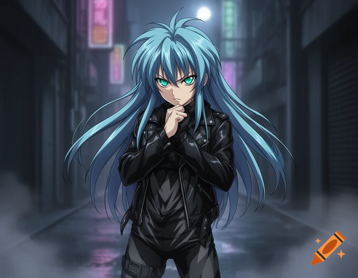 An anime girl with long blue hair and glowing green eyes wears a black leather jacket, standing in a dark, rainy urban alley.
