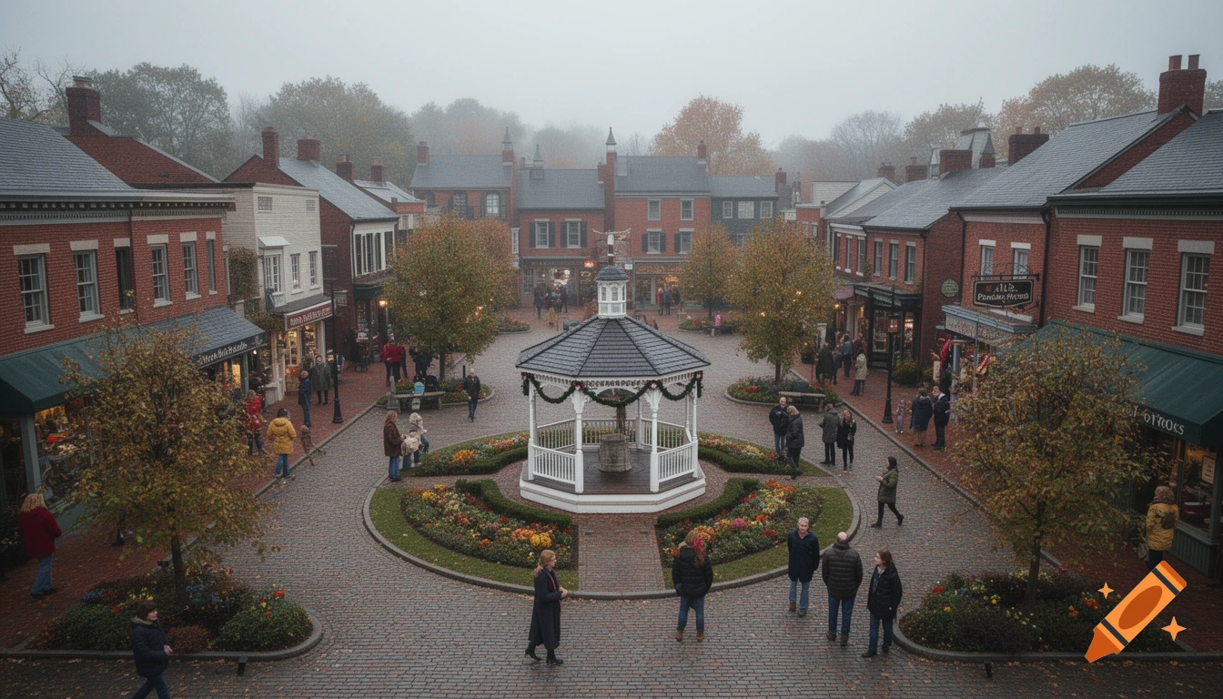 An aerial view of a bustling village town square with a white gazebo surrounded by colorful flower beds and brick buildings on a foggy autumn day.