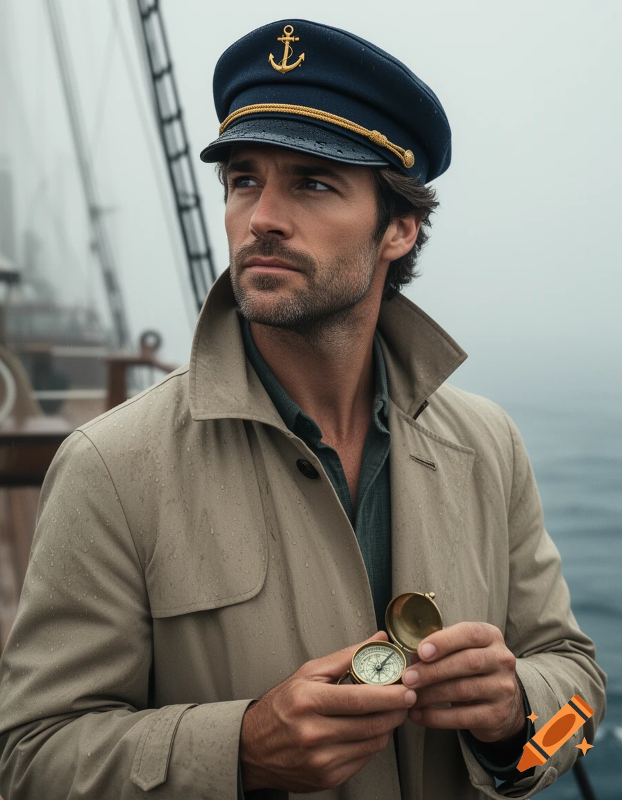 A man in a navy captain's hat and beige raincoat, holding a brass compass, on a misty boat at sea. Photorealistic.