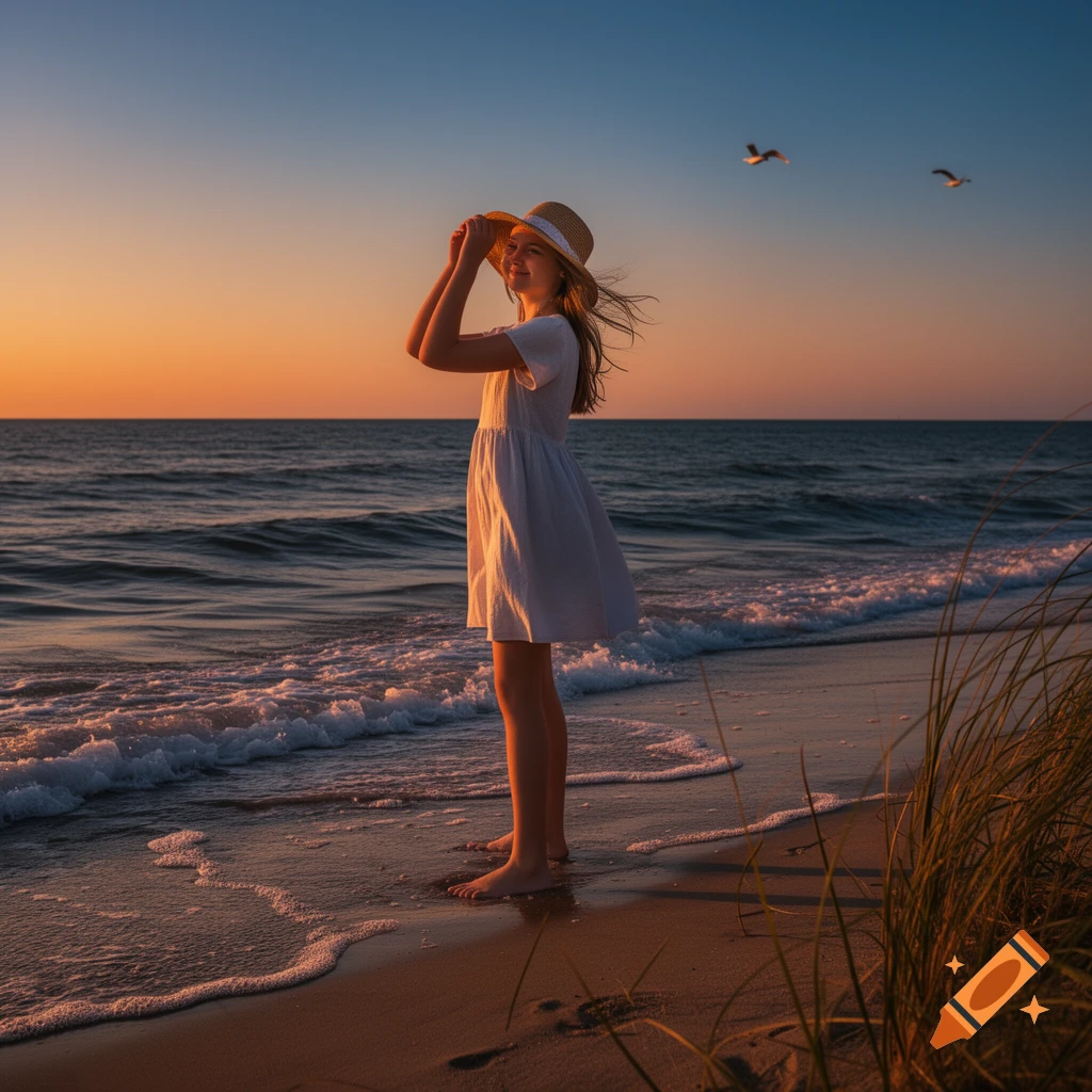 A girl in a white dress stands barefoot on a beach at sunset, looking out at the ocean with seagulls flying in the distance.