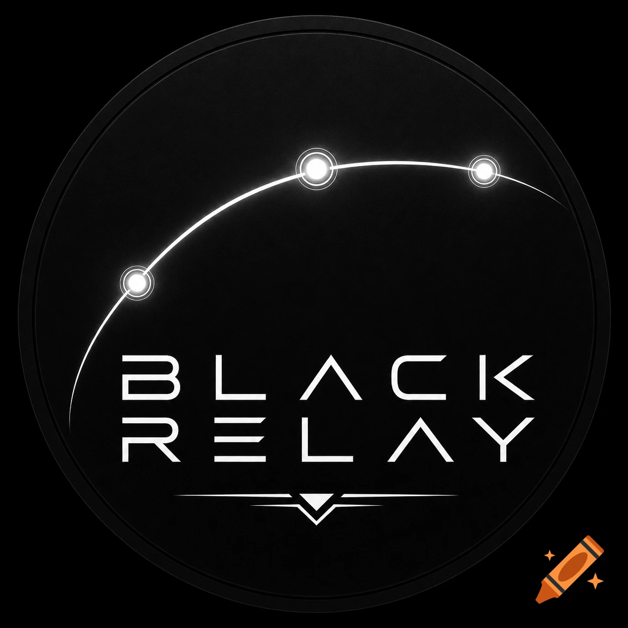 A minimalist black circle logo features a thin white arc with three glowing nodes, and the text "BLACK RELAY" in sharp typography.