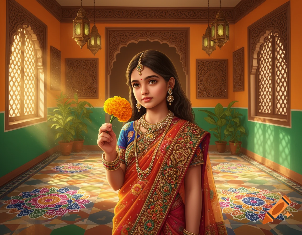A stylized digital illustration of an Indian girl in traditional attire holding a marigold flower in a vibrant, sunlit room.