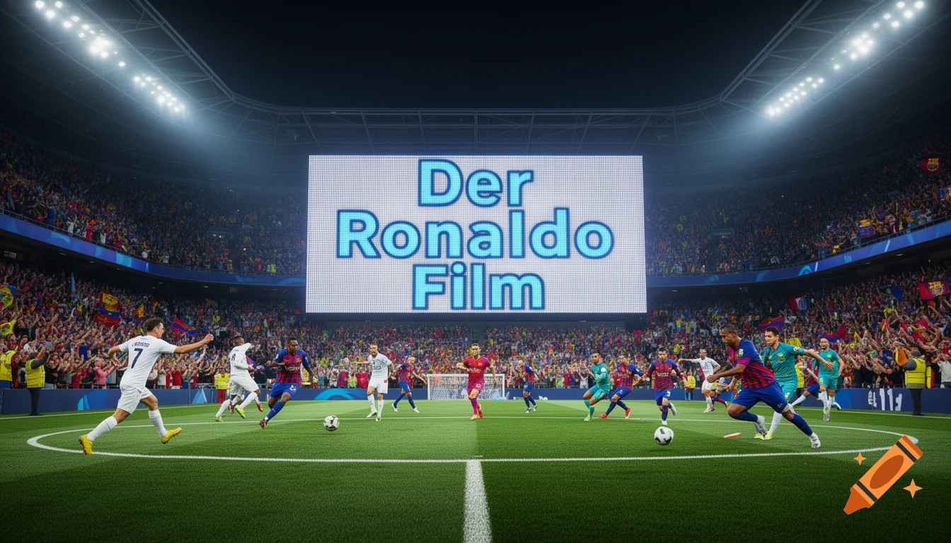 A football match underway in a brightly lit stadium, with a large screen displaying 'Der Ronaldo Film'.