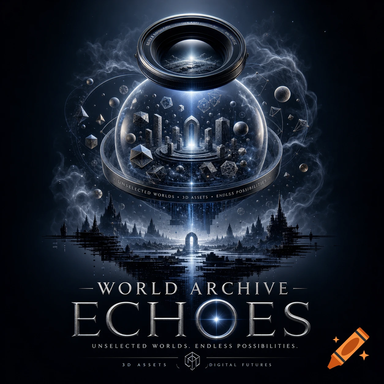 A dark, conceptual logo featuring a camera lens above a glowing glass sphere containing a futuristic city, all floating over a surreal landscape with text "WORLD ARCHIVE ECHOES".