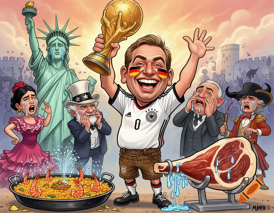 A jubilant German football fan holds the World Cup trophy while national symbols like the Statue of Liberty and Uncle Sam cry in a colorful caricature.