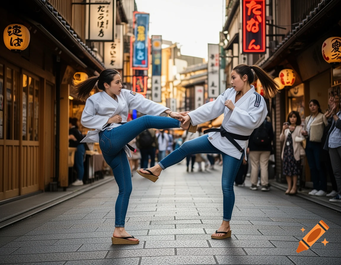 Photorealistic image of two women in white judo gis, blue jeans, and wedge flip-flops, engaged in a judo kick on a busy Japanese street.