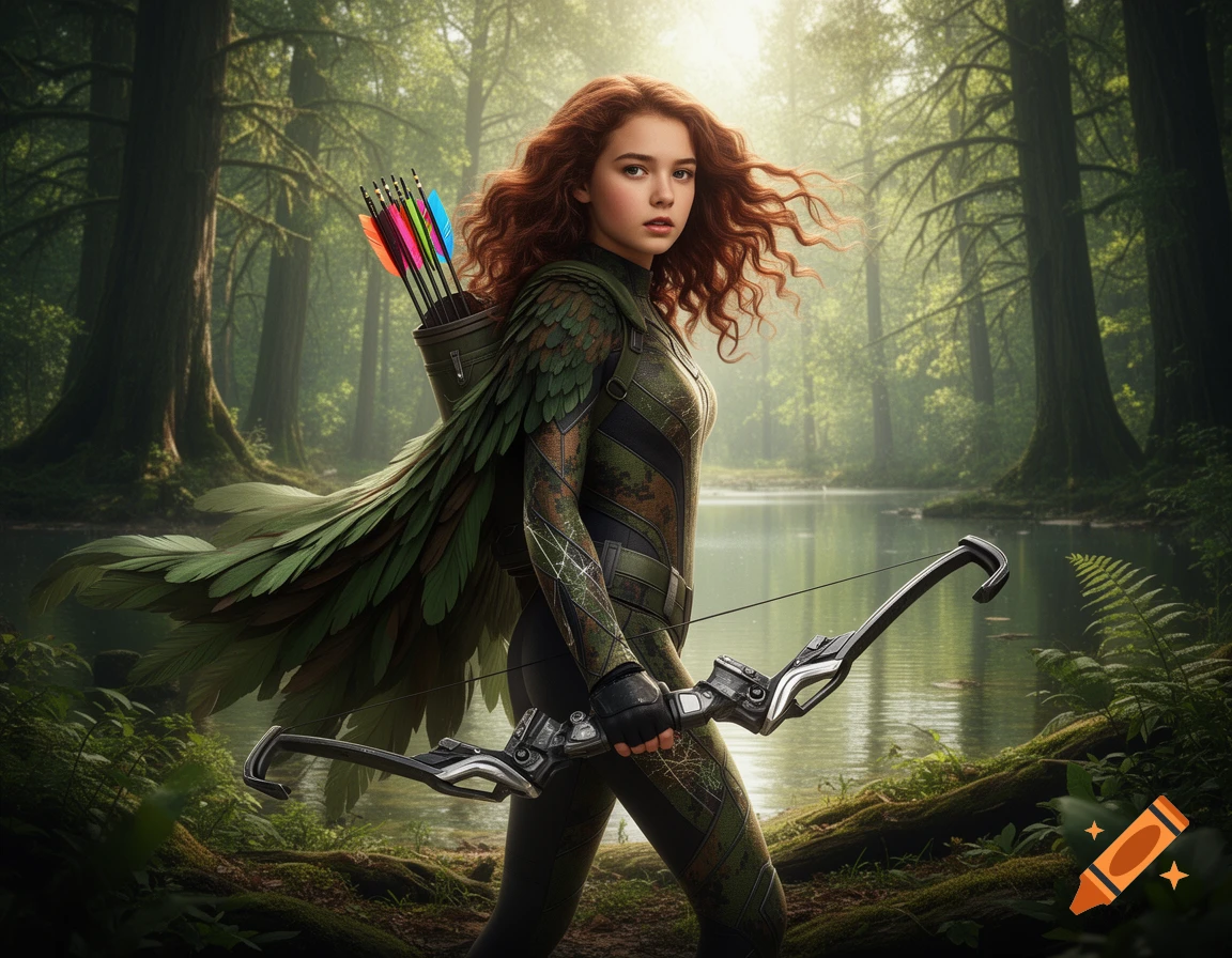 A red-haired female archer in a green feathered suit stands by a sunlit forest lake, holding a bow and quiver.