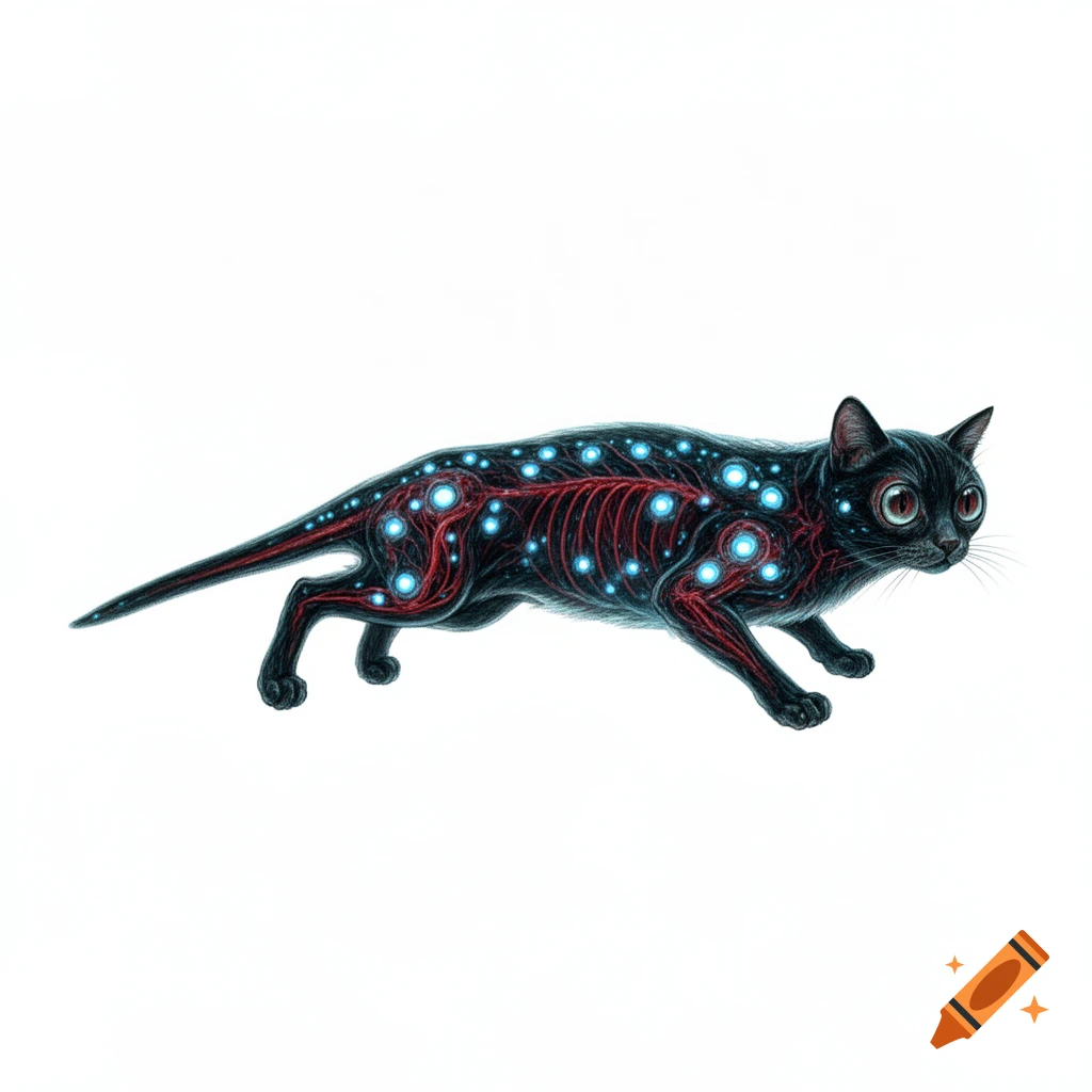 A black deep-ocean adapted cat with red internal structures and glowing blue bioluminescent spots, on a white background.