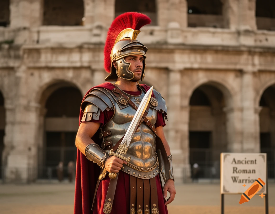 A photorealistic image of an Ancient Roman warrior in full armor, holding a sword, standing before the Colosseum.