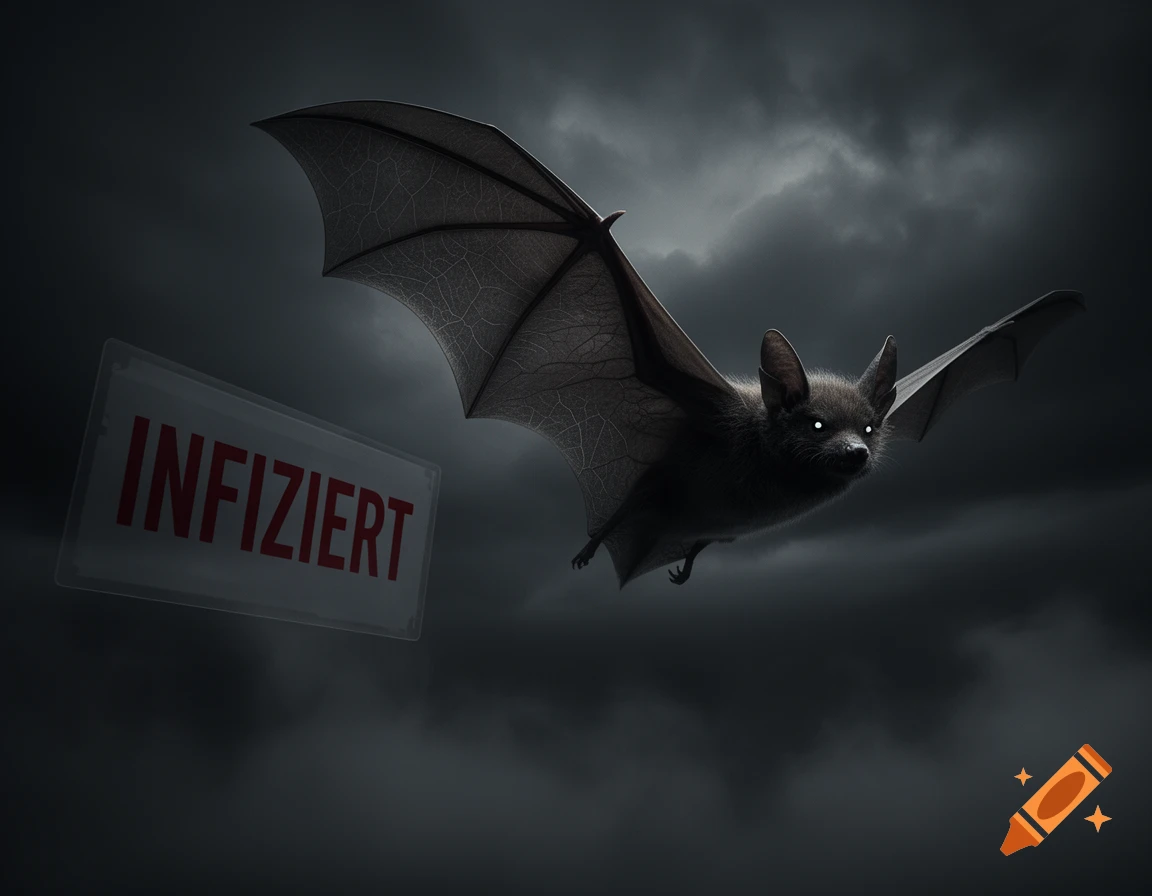 A dark bat with glowing eyes flies against a stormy sky, past a semi-transparent sign displaying the red word 'INFIZIERT'.