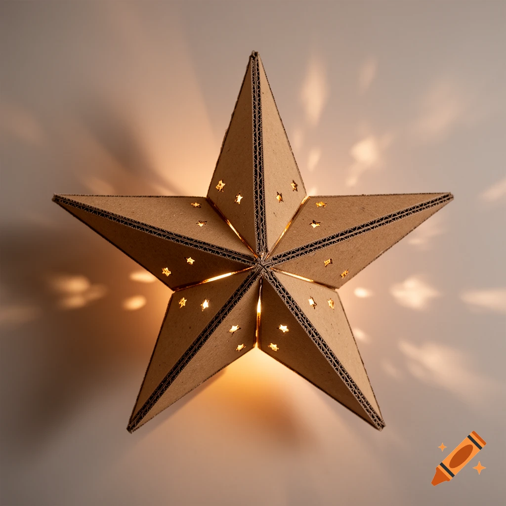 A glowing brown corrugated cardboard five-pointed star lampshade casting star-shaped light patterns on a wall.
