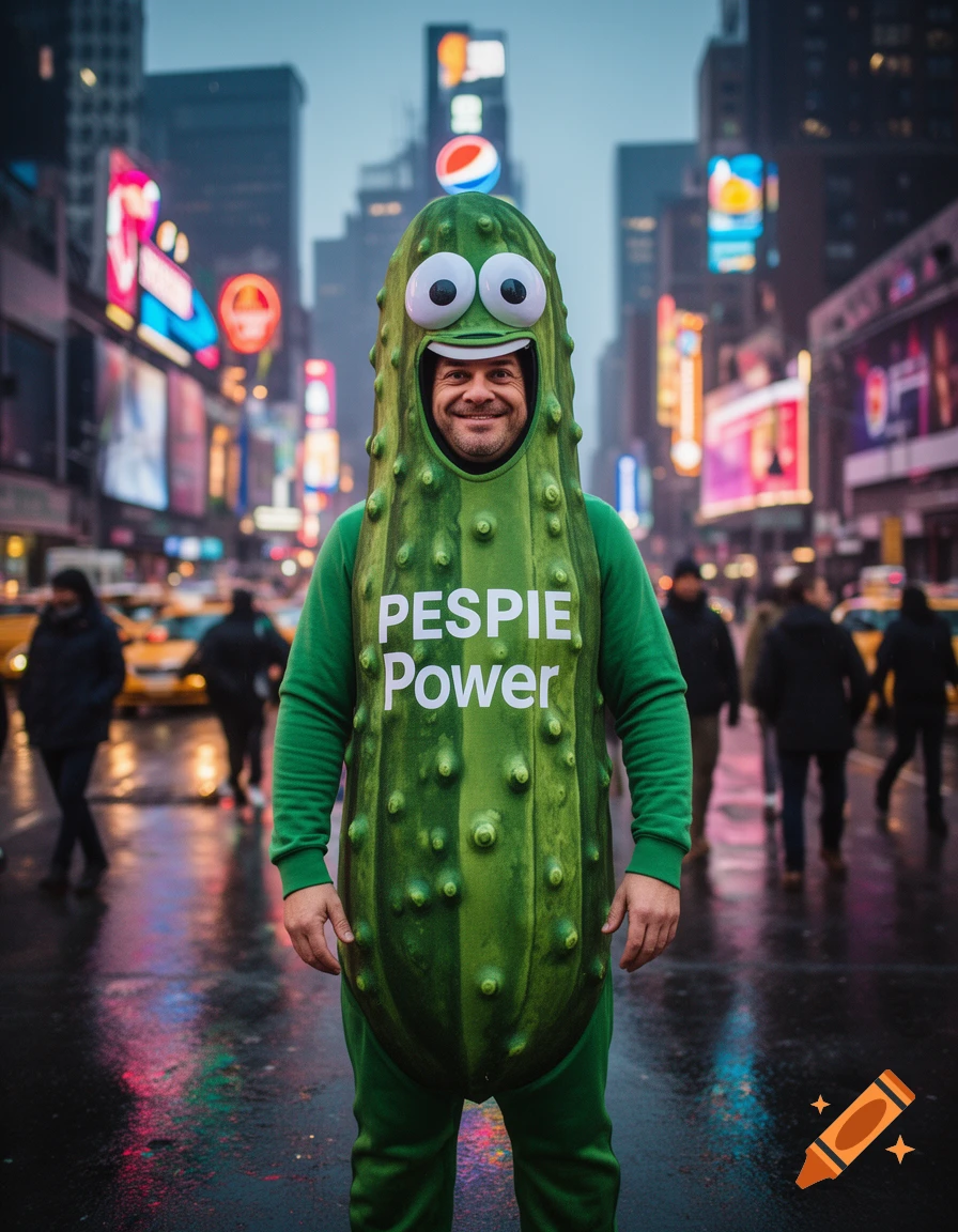 A smiling man in a green pickle costume with 'PESPIE POWER' written on it, stands on a wet city street at night amidst neon lights and blurred people.