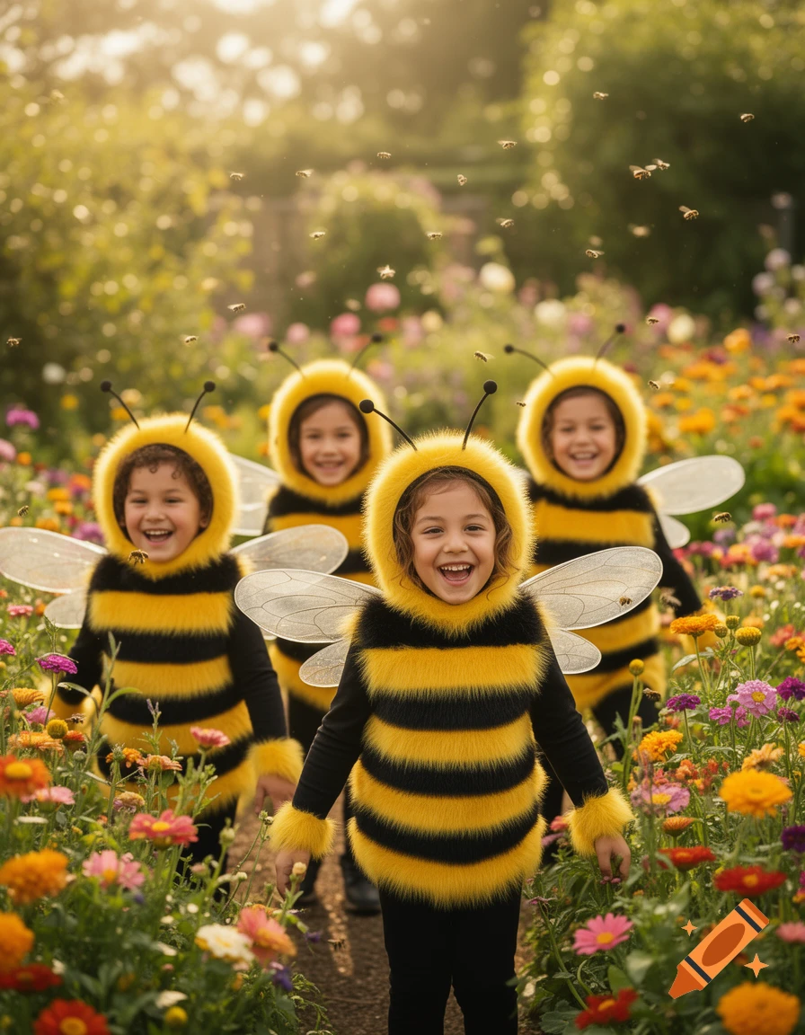 Four smiling children in fuzzy bee costumes with wings walk through a sunny garden filled with colorful flowers and flying bees.