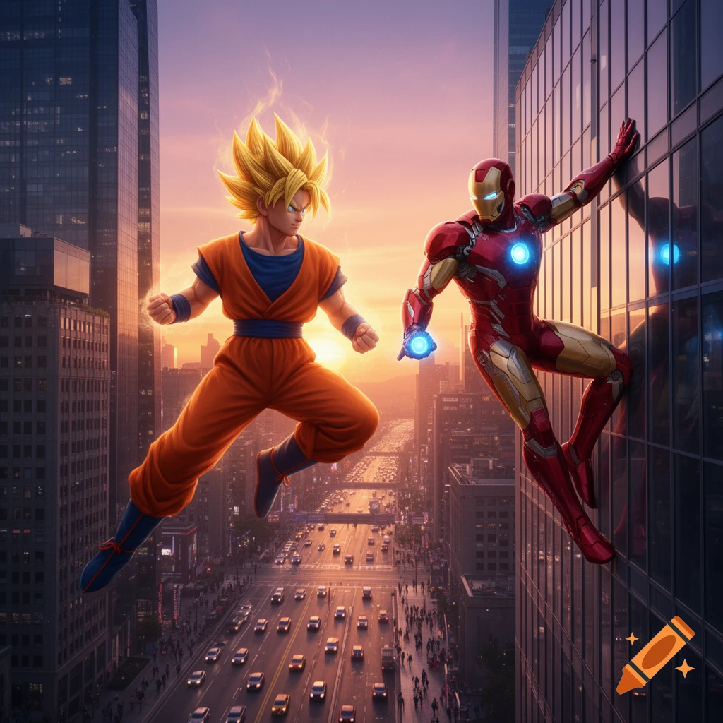 Goku in Super Saiyan form flies alongside Iron Man, who scales a skyscraper in a vibrant city at sunset, with traffic below.