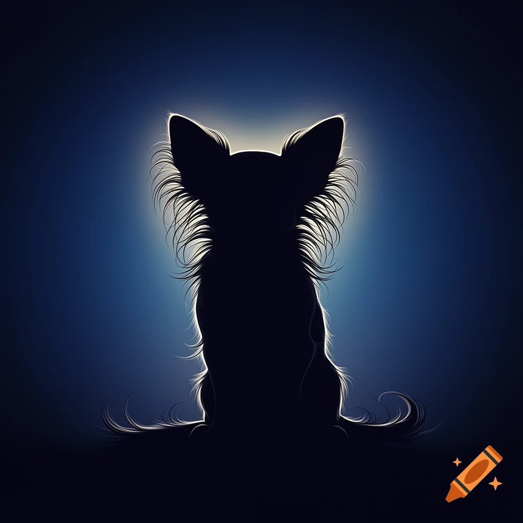 A silhouette of a long-haired chihuahua sitting against a glowing blue background.