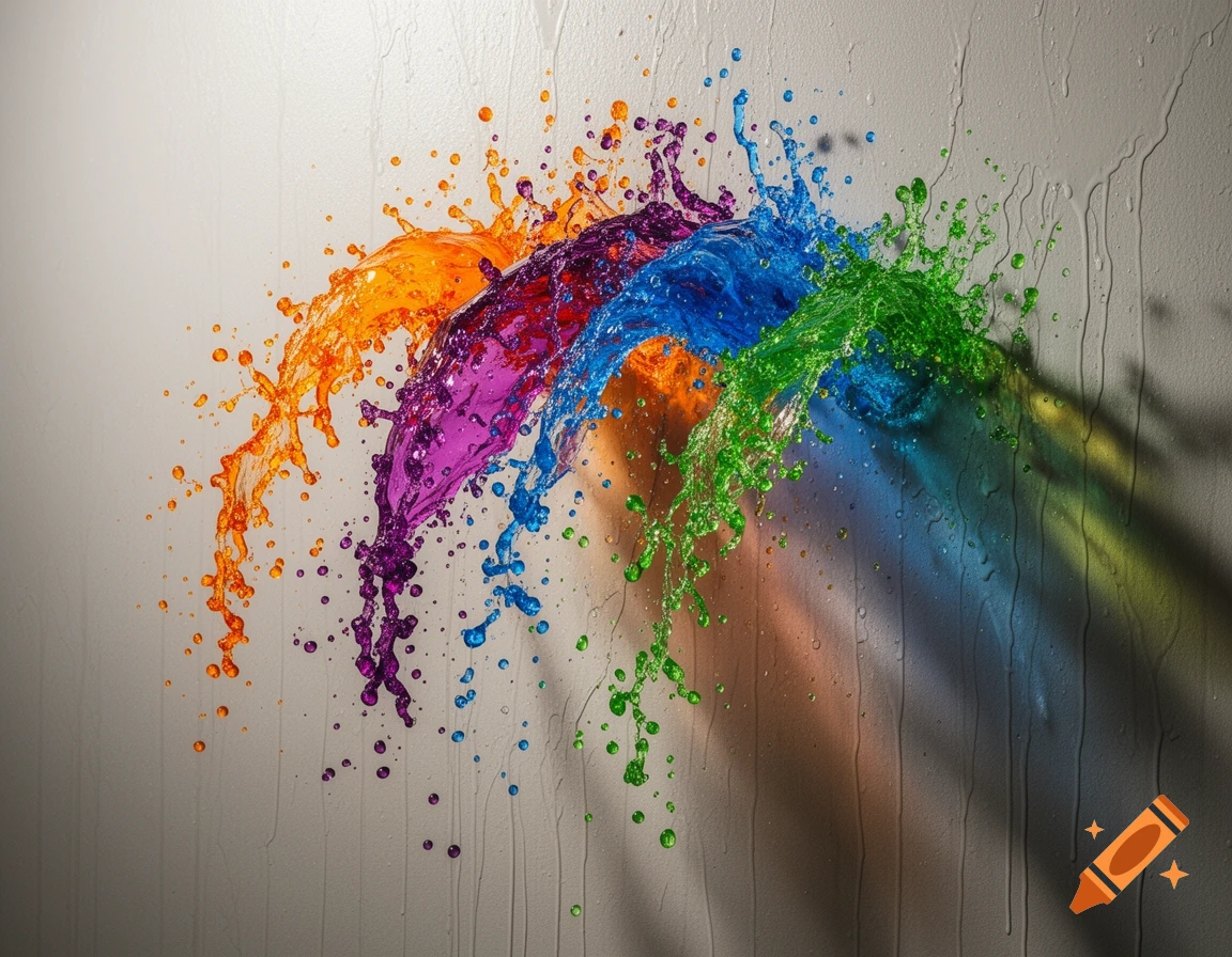 Vibrant orange, purple, blue, and green liquid splashes dynamically against a textured grey wall, creating a fluid, abstract pattern.