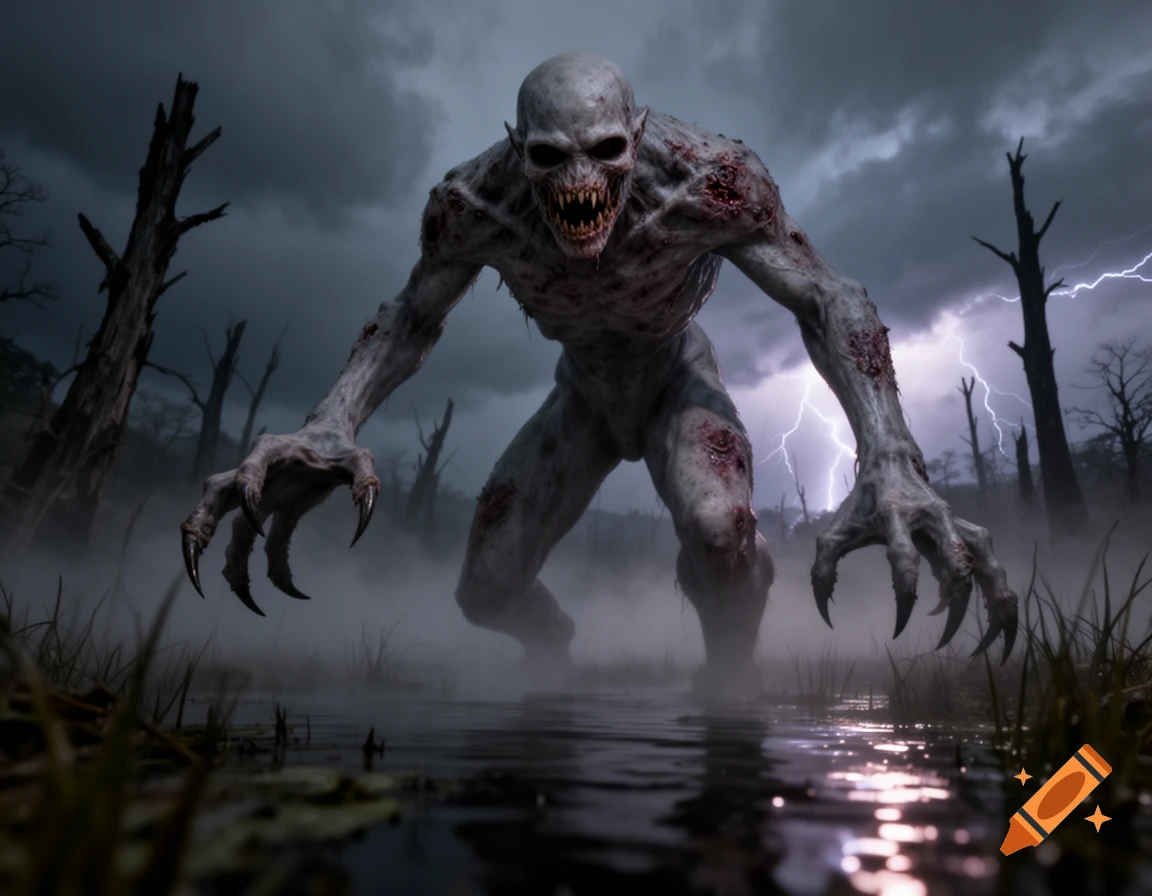A terrifying, pale monster with sharp claws and teeth stands in a misty swamp during a thunderstorm, surrounded by dead trees.