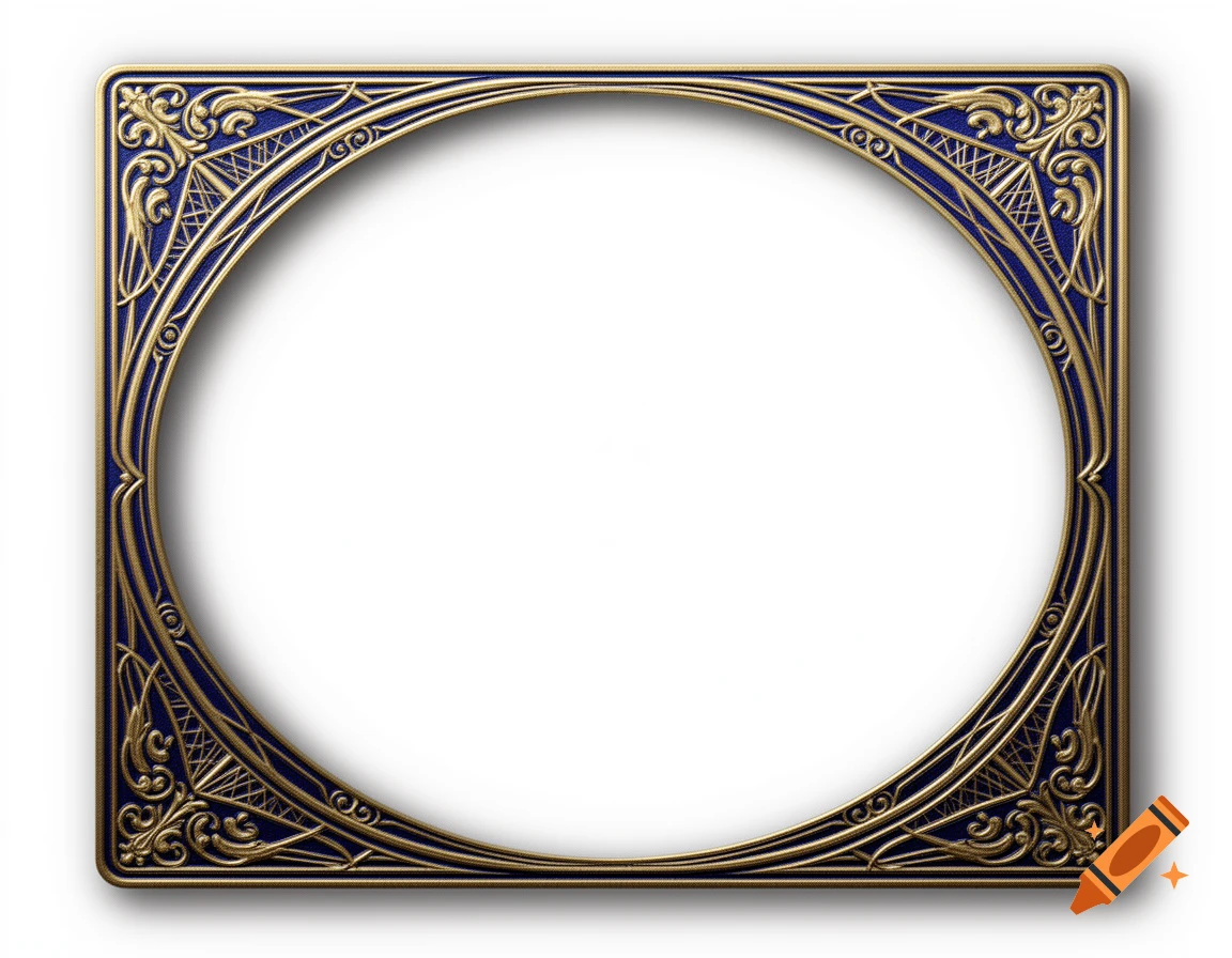A square gold and blue decorative card border with intricate scrollwork and patterns, framing an empty circular center.
