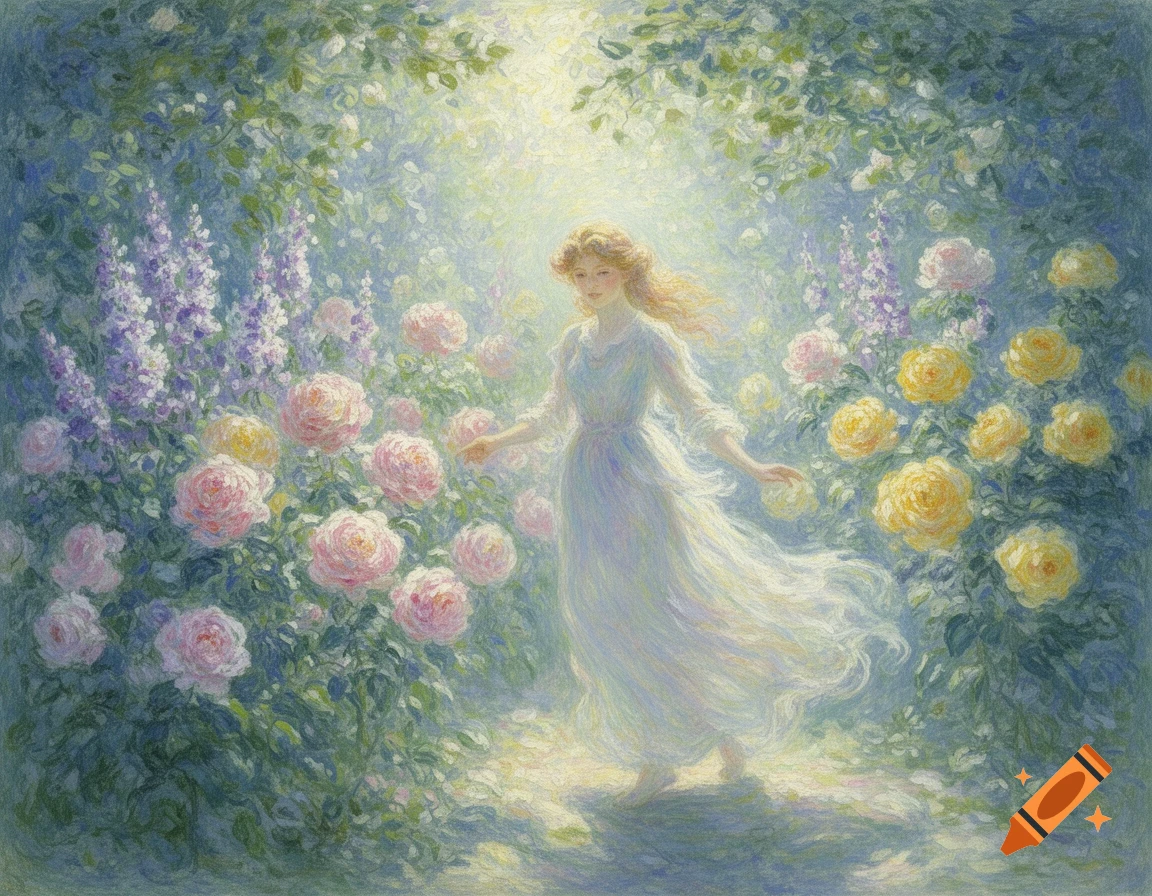 Impressionistic painting of a woman in a flowing white dress walking through a radiant garden filled with pink and yellow roses.
