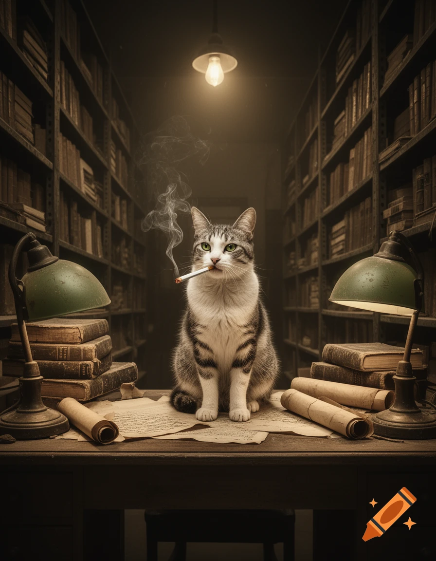 A tabby cat sits at a wooden desk in a dimly lit library, smoking a cigarette, surrounded by old books, desk lamps, and rolled papers.