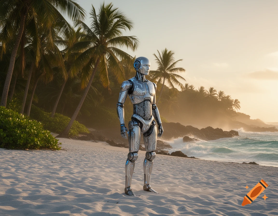 A metallic robot stands on a tropical beach with palm trees and ocean waves under a warm sunset sky.