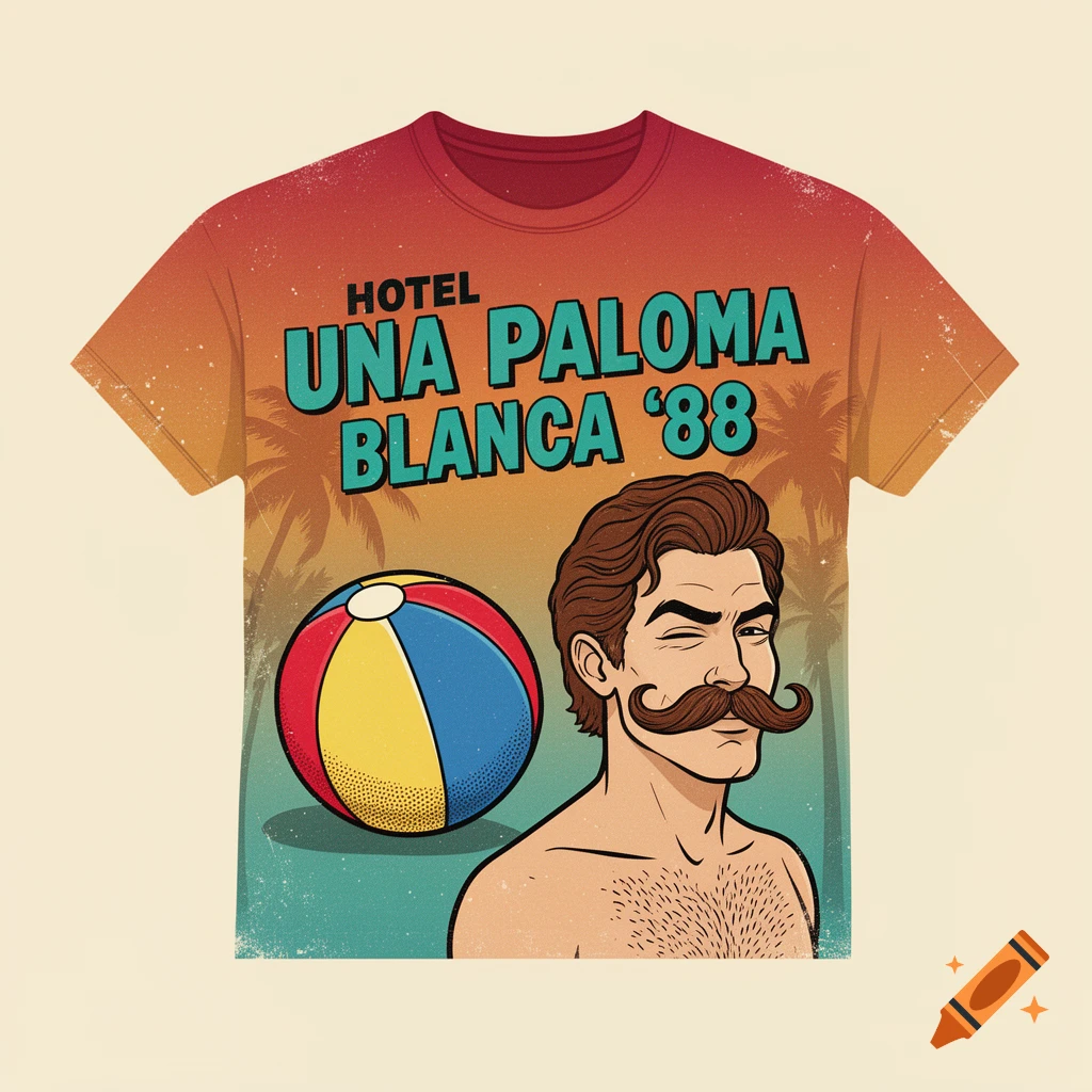 A retro 80s T-shirt design with "Hotel Una Paloma Blanca '88" text, a beachball, and a winking man with a mustache on a sunset background.