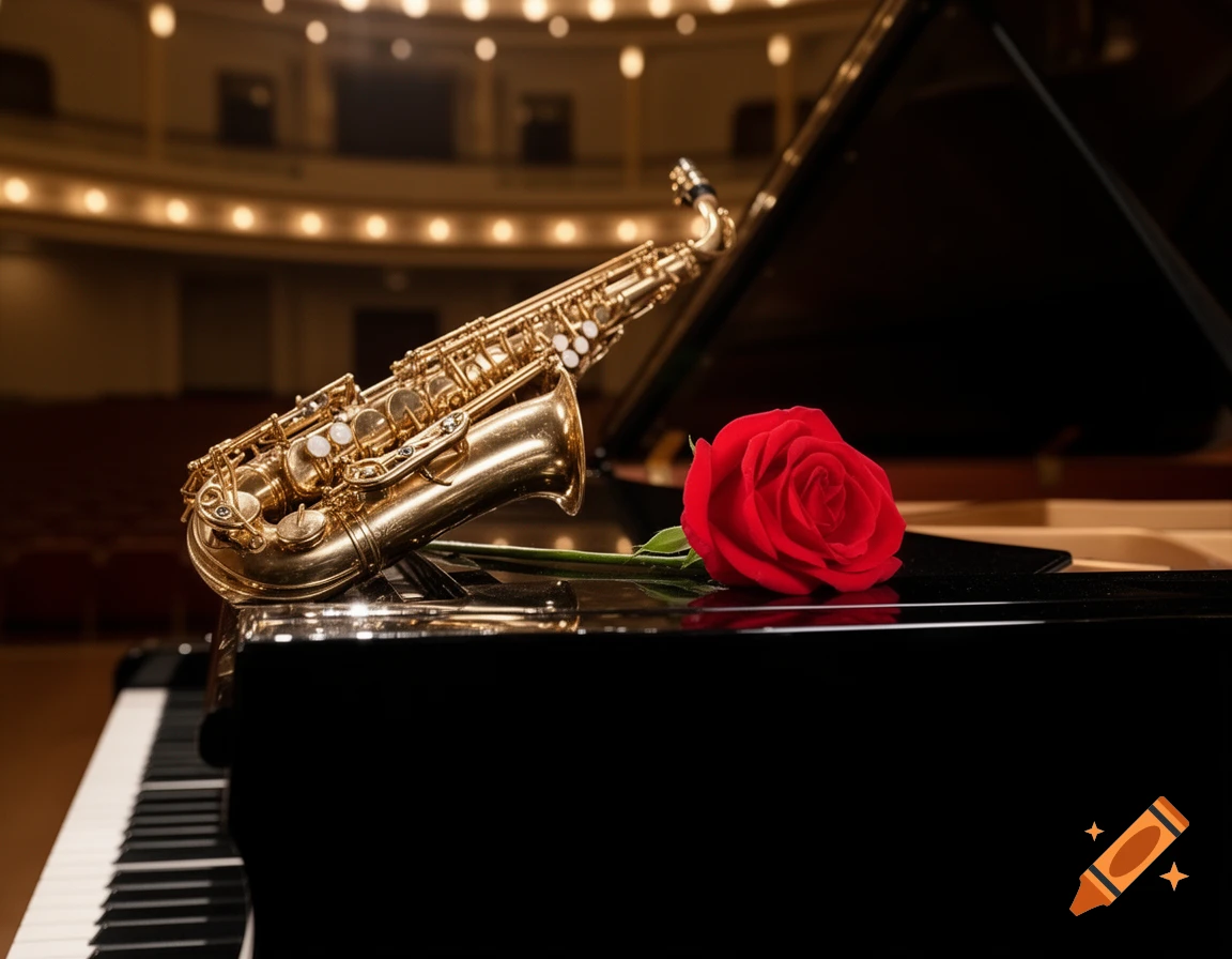 A gold saxophone and red rose rest on a black grand piano in a concert hall, with warm lighting and empty seats.