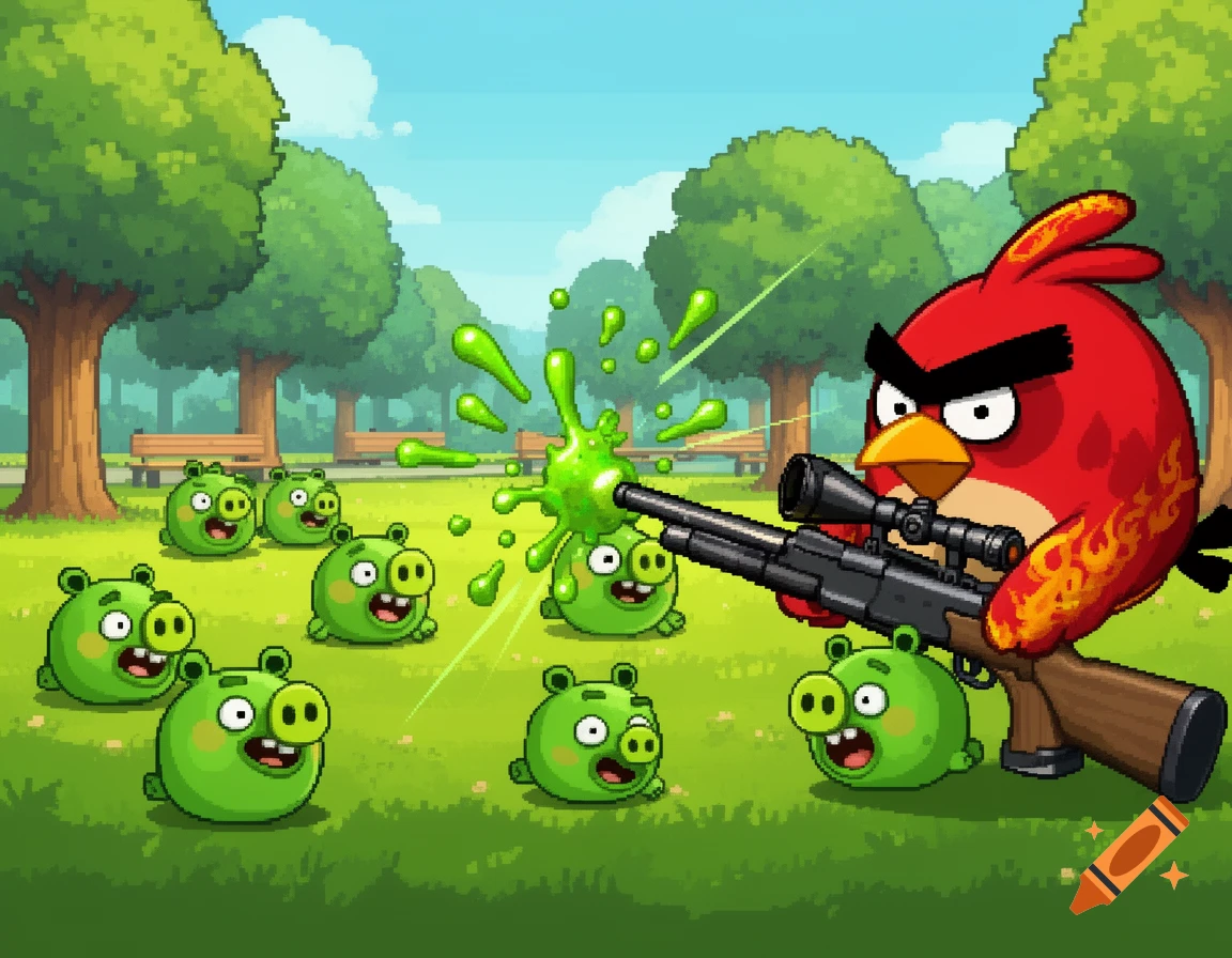 Red Angry Bird shoots green pigs with a sniper rifle in a pixel art park, splattering one with green goo.
