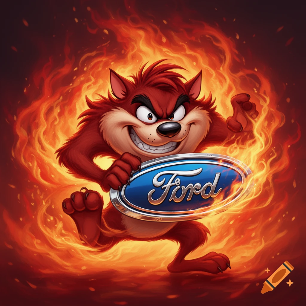 A red, angry Tasmanian Devil cartoon character emerges from flames, holding a blue Ford oval logo.