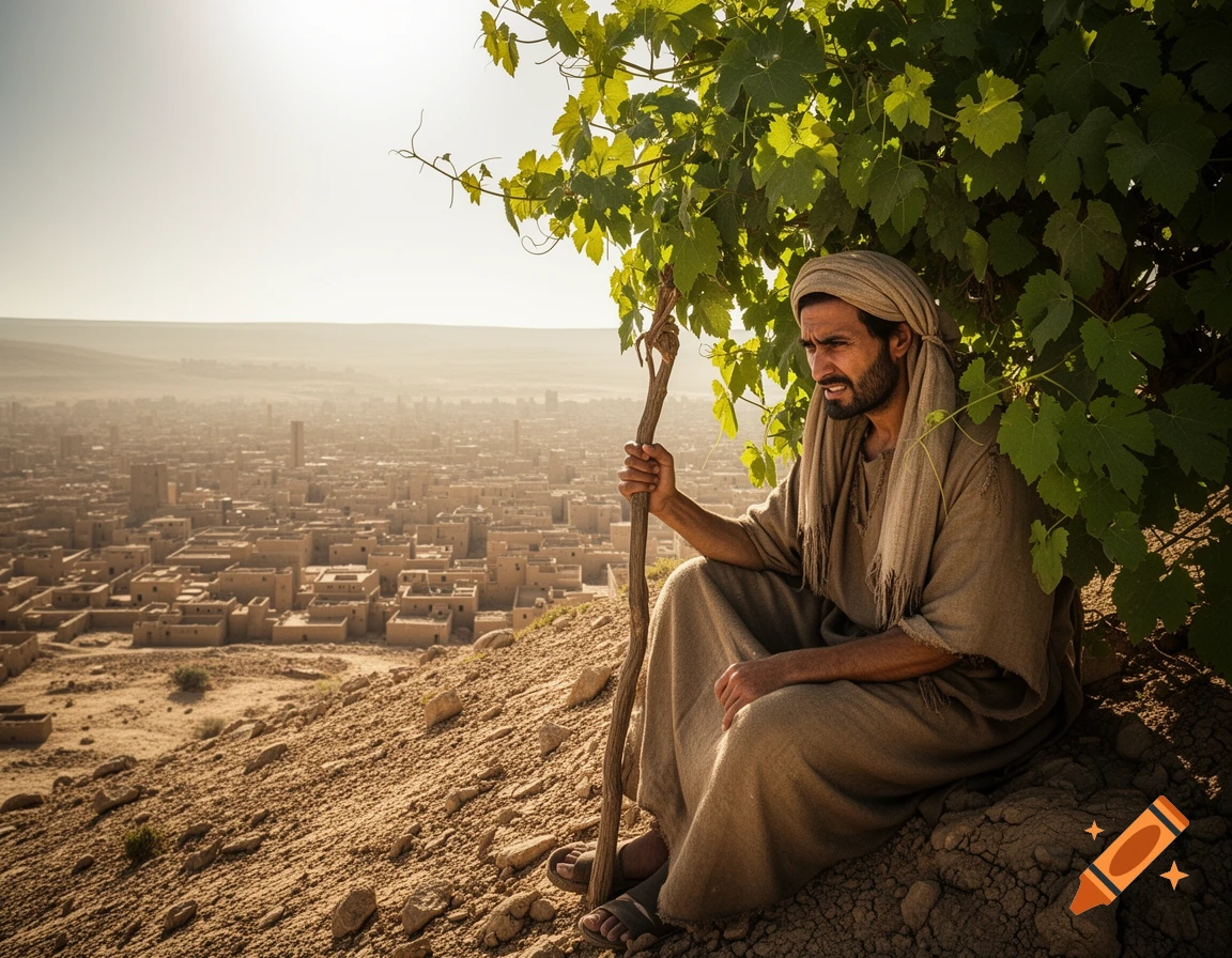 A man in ancient robes sits under a leafy tree on a dry hill, overlooking a sprawling, ancient desert city at sunset, holding a staff.