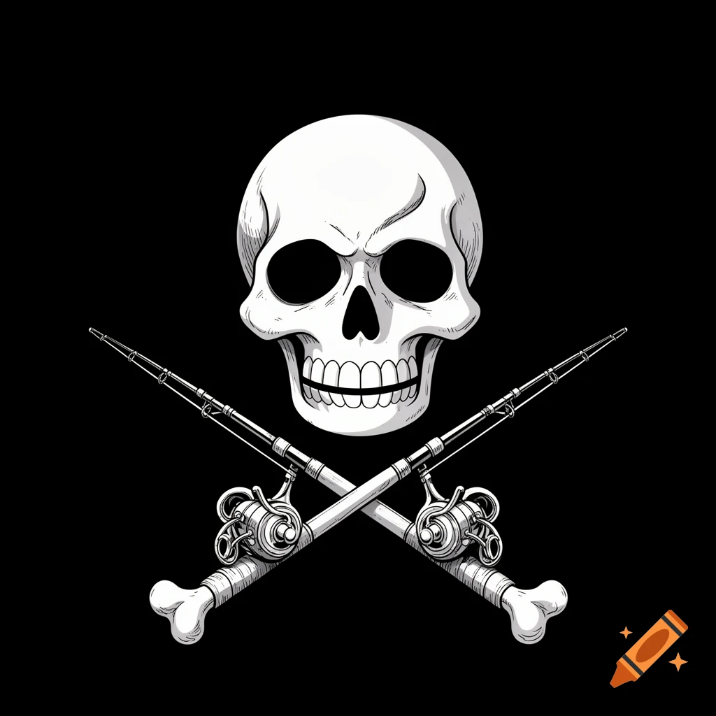 A stylized white skull with angry brows and grinning teeth, above two crossed fishing rods, on a solid black background.