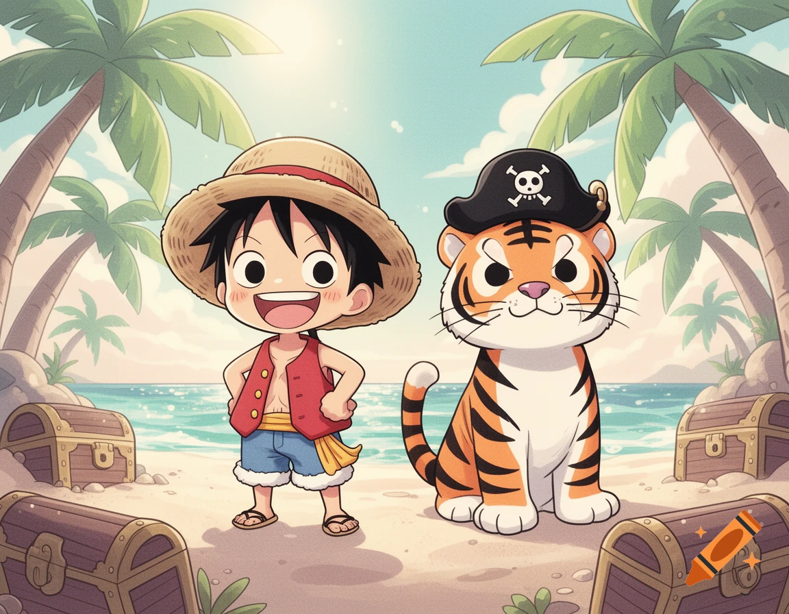 Chibi anime boy and a cartoon tiger in a pirate hat on a tropical beach with palm trees and treasure chests.