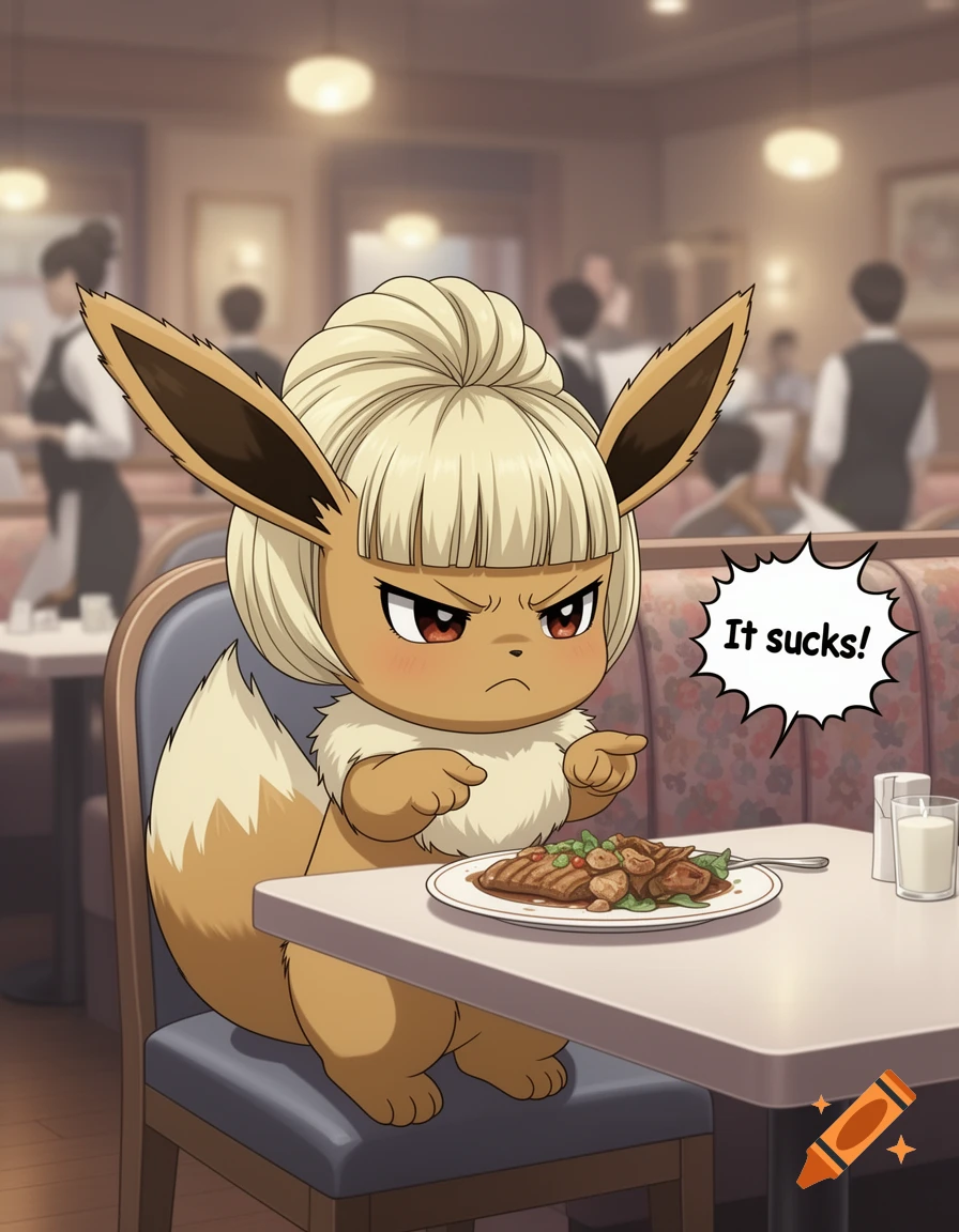 An angry Eevee with a blonde bob haircut, sitting at a restaurant table, points at its food with a speech bubble saying 'It sucks!'.