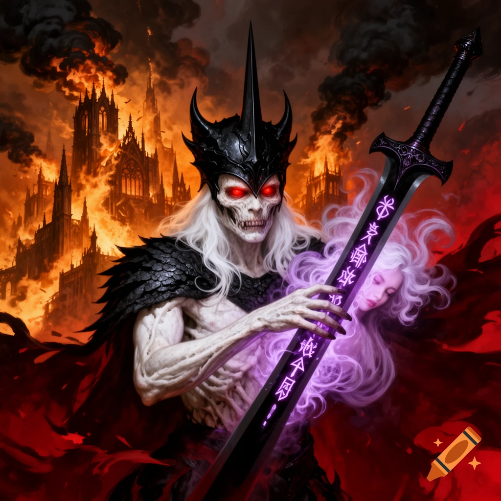 A gaunt albino emperor in a spiked dragon helm holds an obsidian sword with glowing purple runes, absorbing a woman's soul amidst a burning gothic city.
