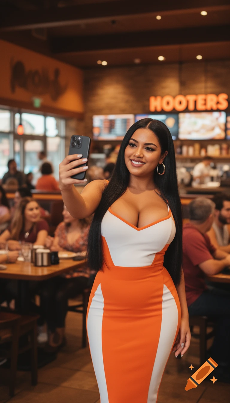 A smiling Latina woman with long black hair and hoop earrings, wearing a Hooters outfit, takes a selfie in a Hooters restaurant.