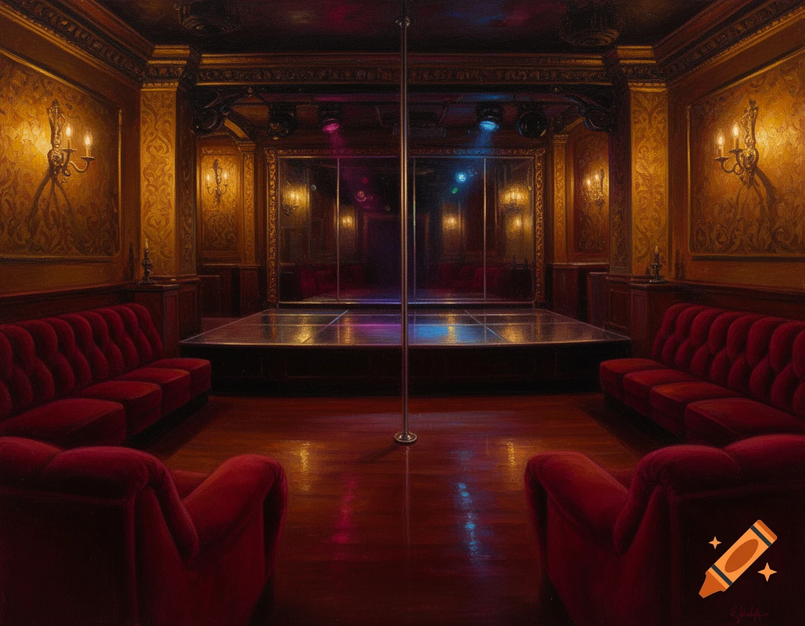 An empty strip club interior with red velvet seating, a central stage with a pole, in an oil painting style.