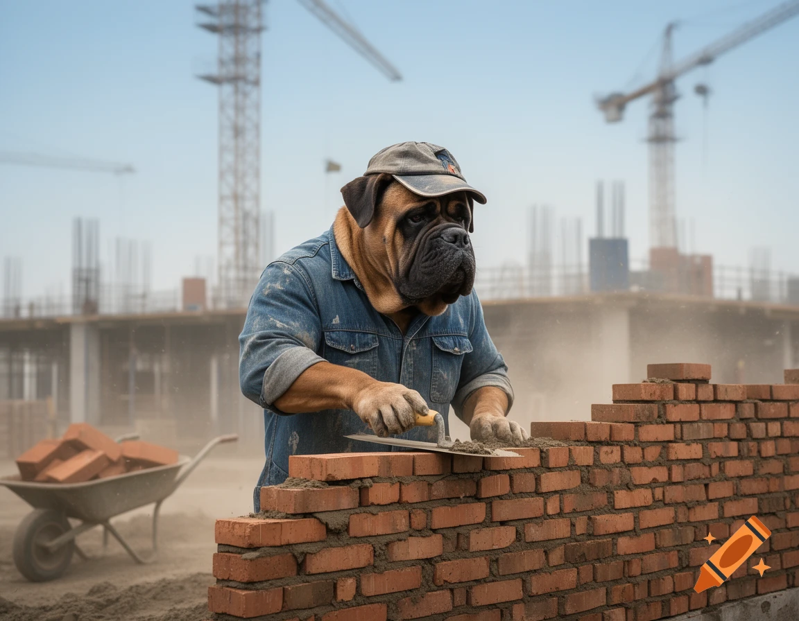 Photorealistic image of a mastiff dog-headed bricklayer in a denim shirt and cap, laying bricks at a dusty construction site.